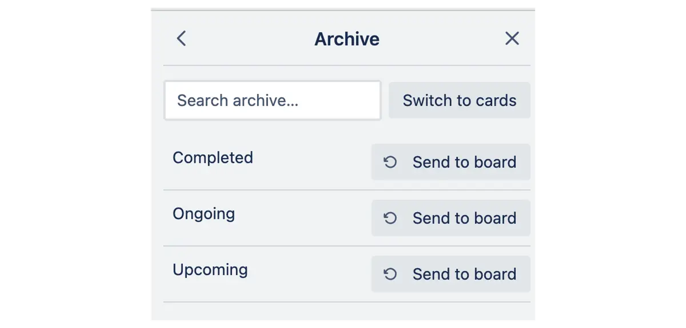 A screenshot of all archived lists in Trello