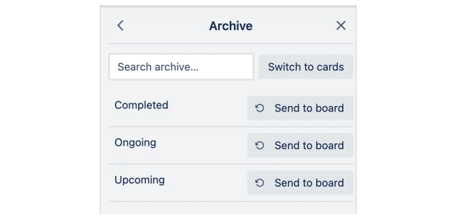 A screenshot of all archived lists in Trello