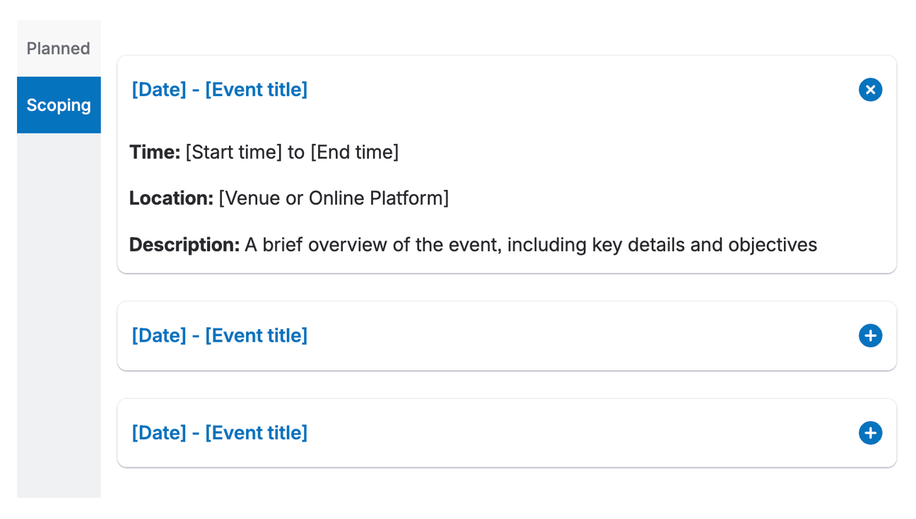 A screenshot of template showing a brief summary of events in collapsible sections within the tab titled "Scoped"