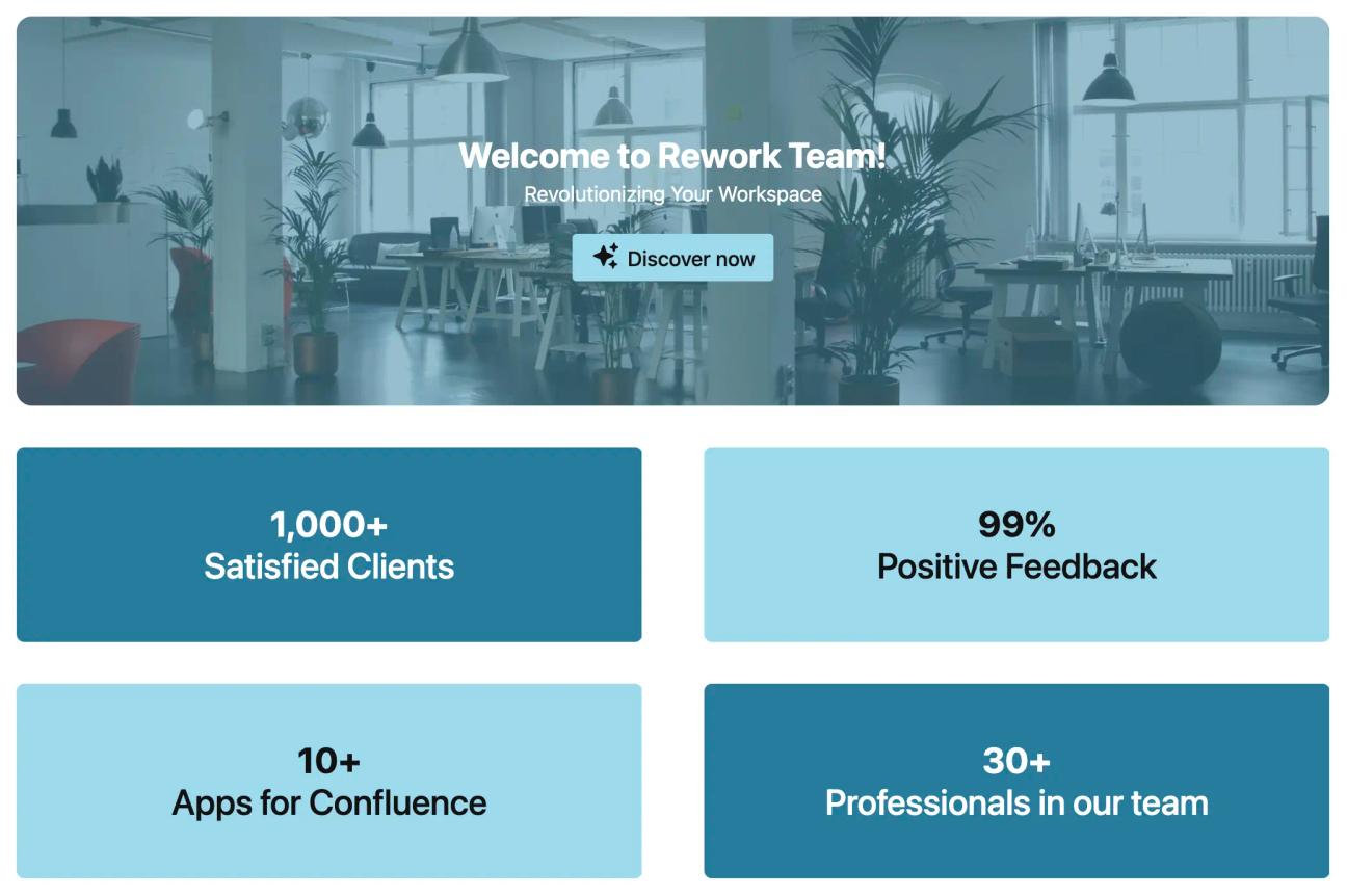 A screenshot of the top section of the product/service homepage template for Confluence