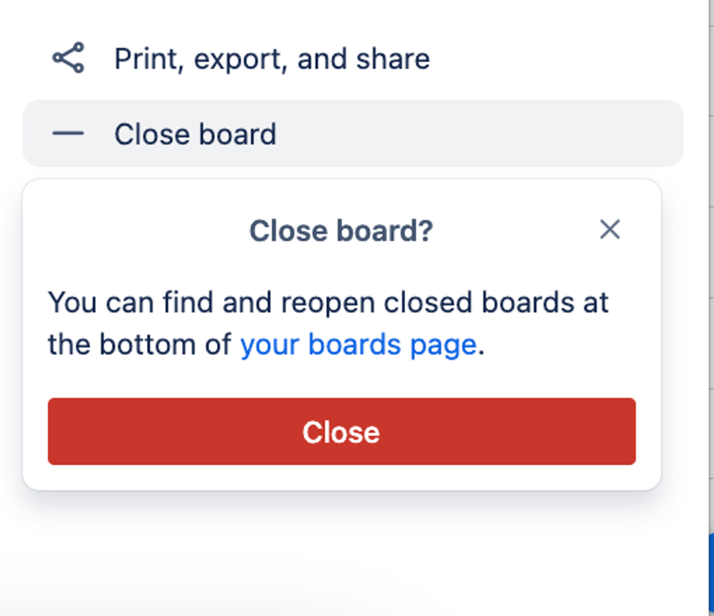 A screenshot of the 'Close board' option on the Trello board menu