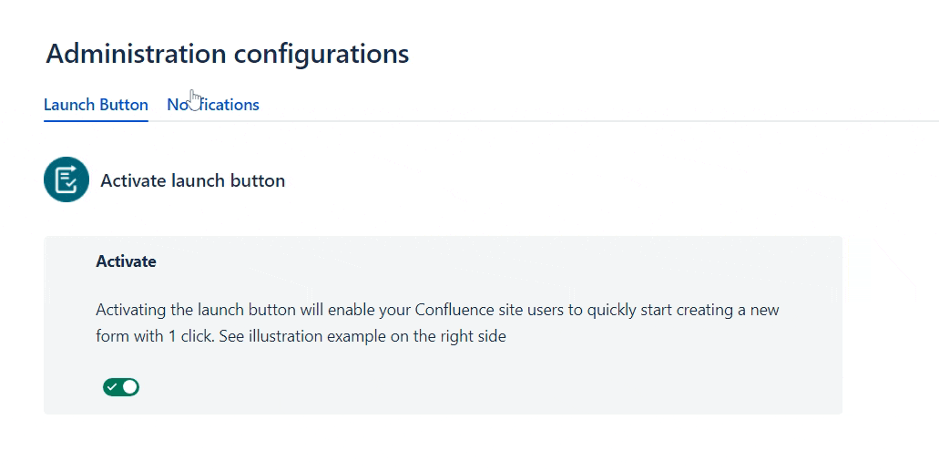 A GIF of a user toggling email notifications in the Forms administration configuration tab