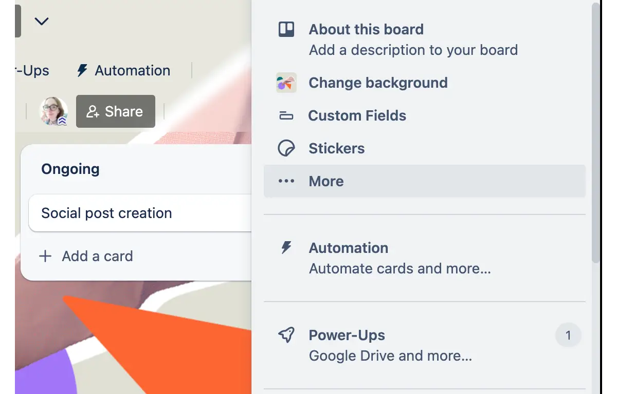 A dropdown menu on a Trello board with options to edit the board