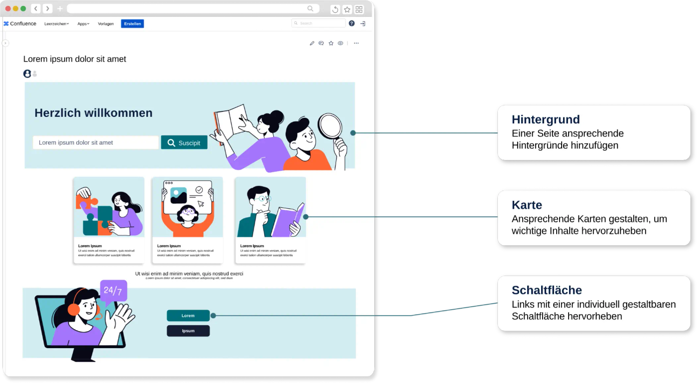 Ein Screenshot einer Confluence-Seite, die mit visuellen Karten und Hintergrund formatiert ist