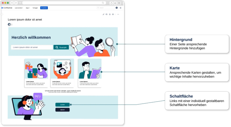 Ein Screenshot einer Confluence-Seite, die mit visuellen Karten und Hintergrund formatiert ist