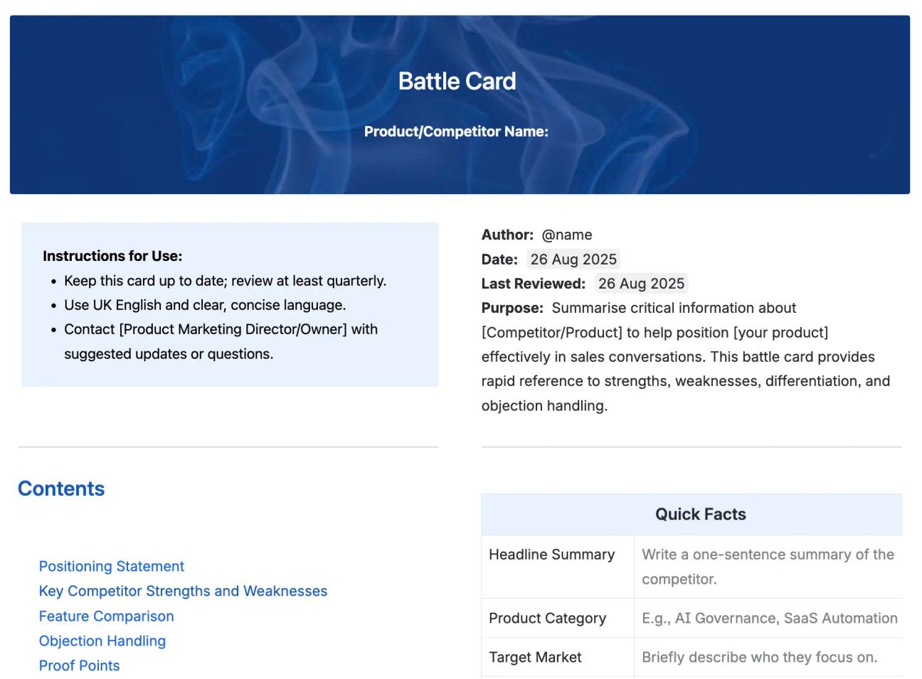 The top half of Mosaic's battle card for Confluence, showing the heading in a blue background, instructions for use, an overview of the page, a table of contents, and a table titled 'Quick Facts'