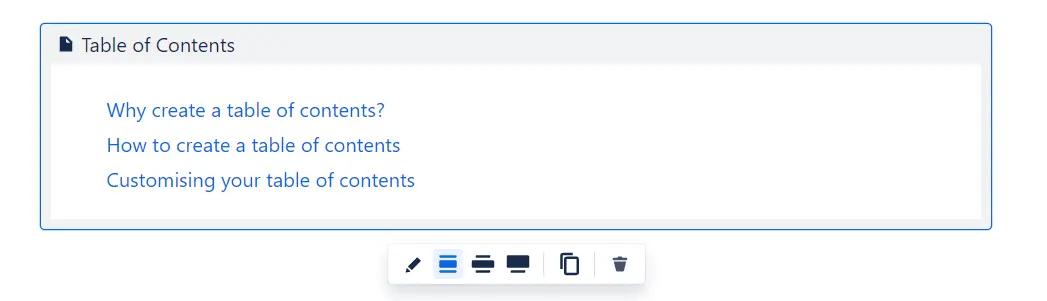 A screenshot of the table of contents macro in Confluence
