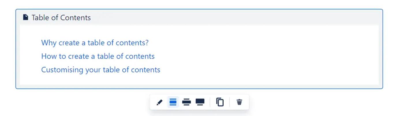 A screenshot of the table of contents macro in Confluence