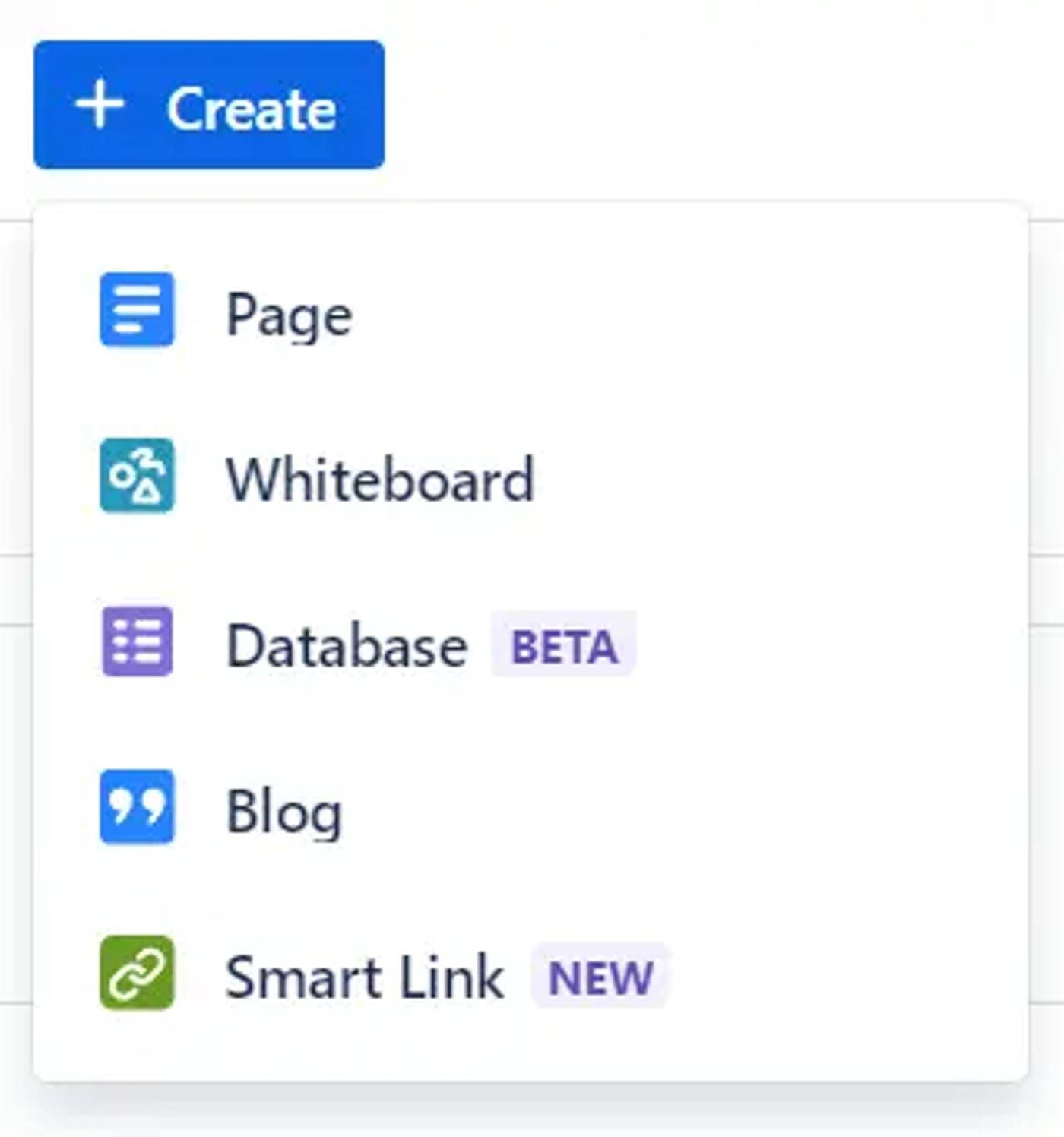 The Create button in Confluence with a dropdown showing the Database option