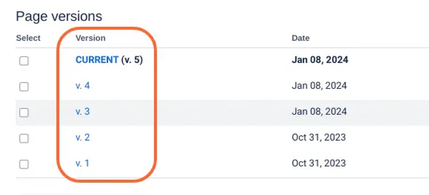 A list of Confluence page versions on the Page History Overview
