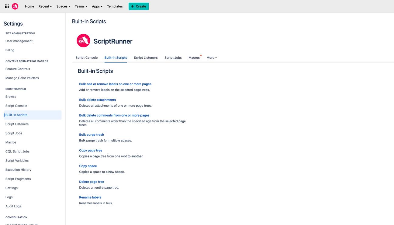 Screenshot showing a list of built-in scripts that come with ScriptRunner for Confluence, including Bulk purge trash, Delete page tree, Bulk delete attachments, and Rename labels