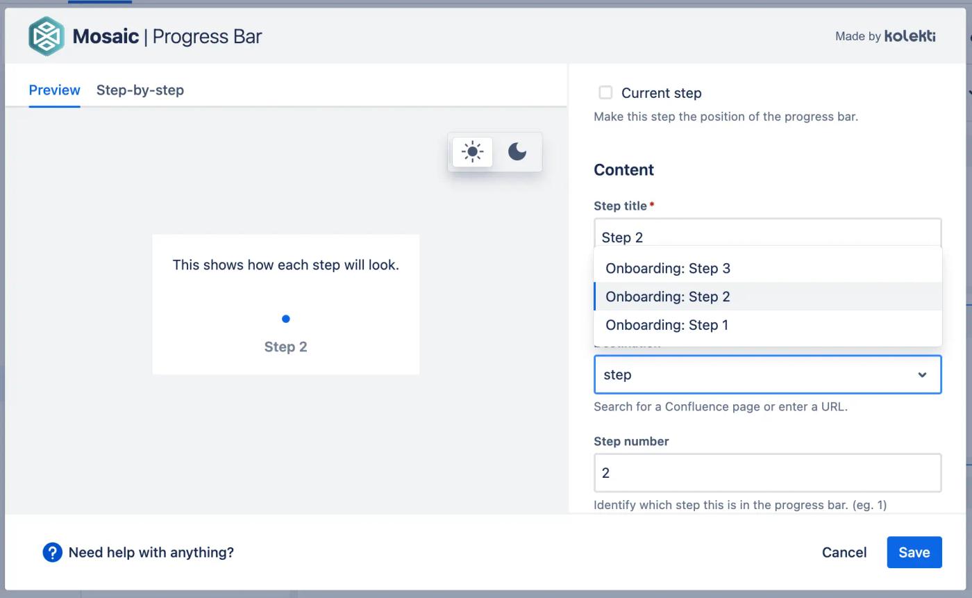 The Confluence Progress Bar editor showing step 2 of 3