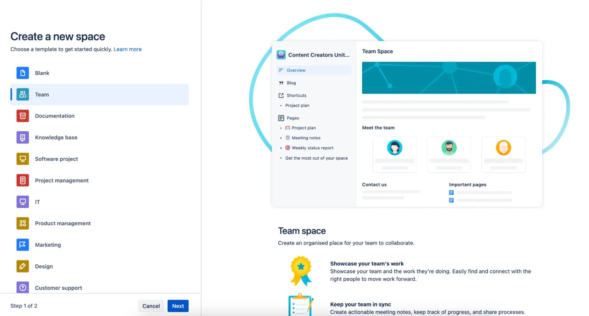 The 'Create a new space' dialog in Confluence with the Team space highlighted