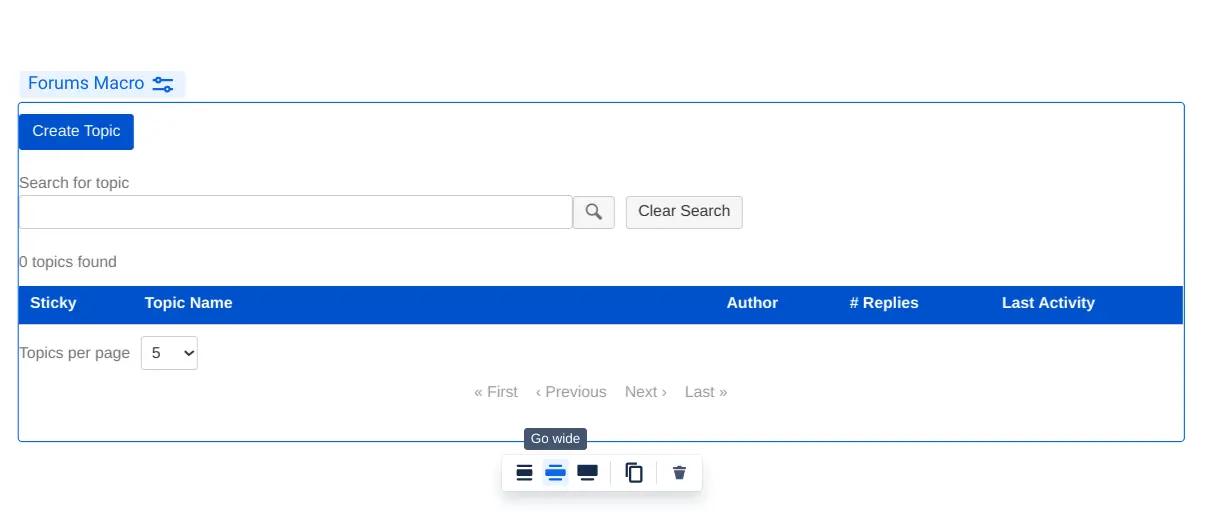A forum embedded on a Confluence page with options to change the width