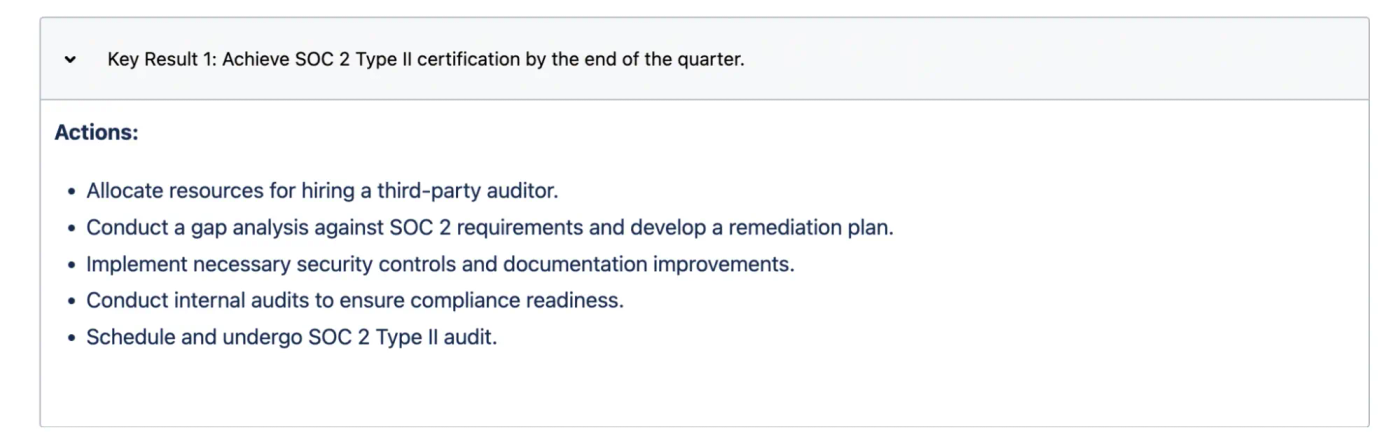 An expandable section showing a key result’s related actions in Confluence