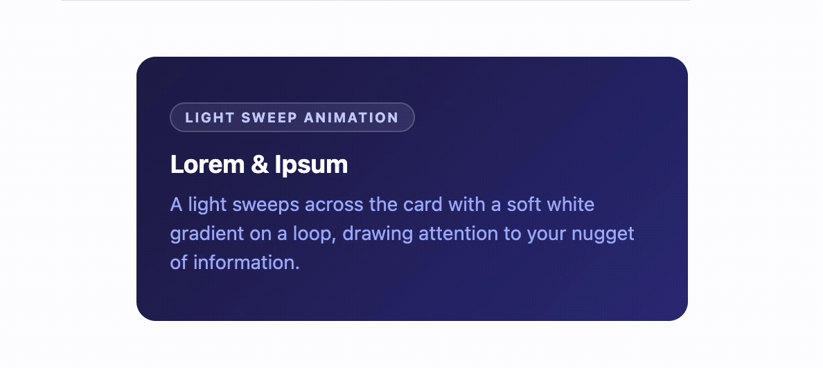 A gif of the light sweep card, showing the glossy effect in action.