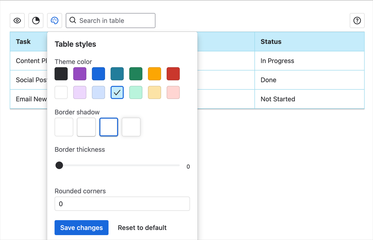 A light blue table with a dropdown menu overlay showing table theme colours and other customisation options such as border shadow and border thickness