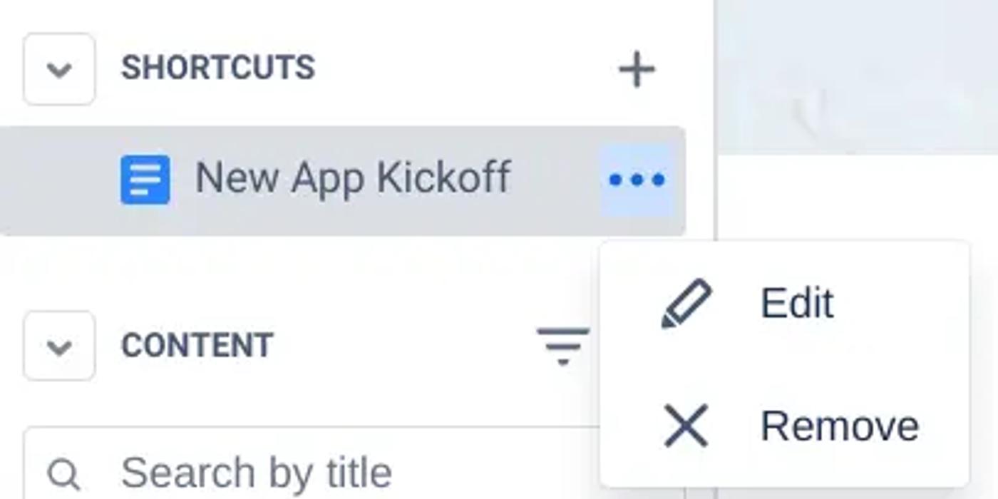 A screenshot of the more options menu for Confluence space shortcuts