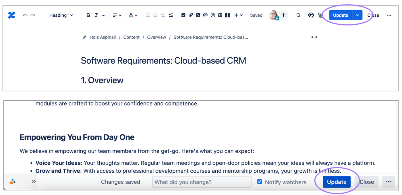 Confluence Cloud and Data Center pages with the update button circled