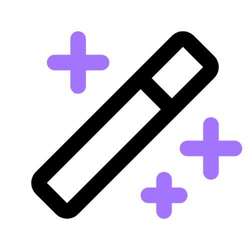 An icon of a magic wand surrounded by purple sparkles