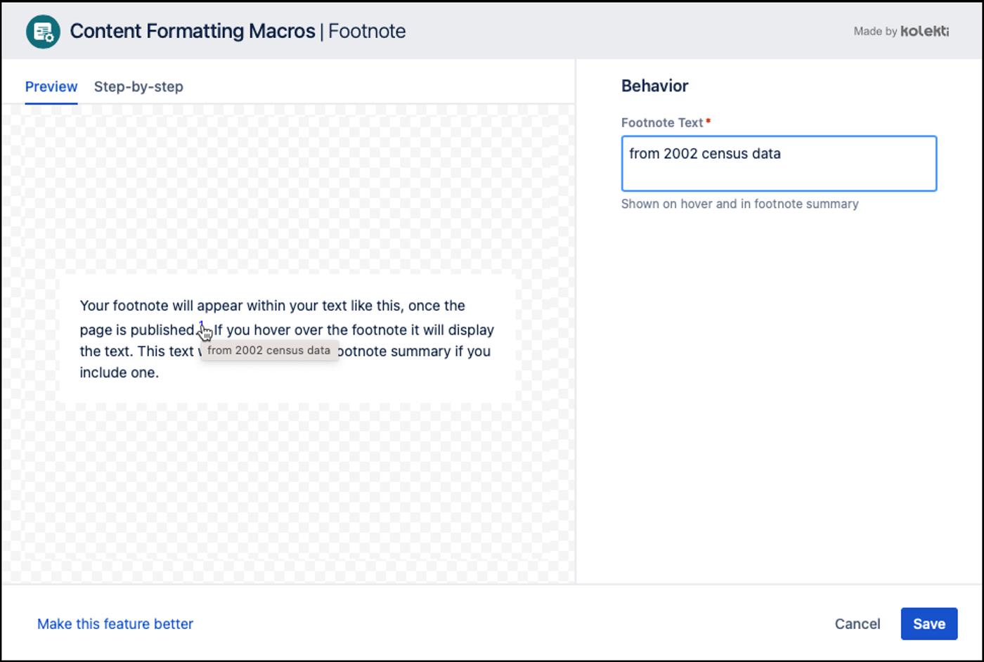A screenshot of the Footnotes macro editor window in Confluence