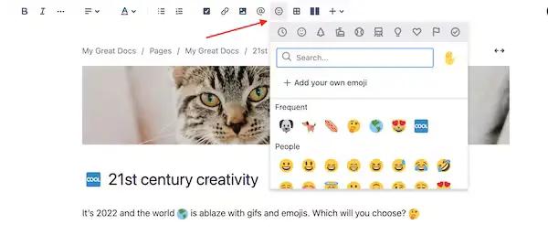 A screenshot of the emoji dropdown in the Confluence toolbar