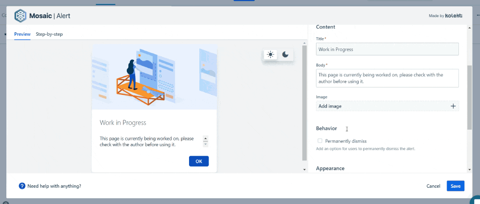 A GIF of a user searching for an image in the inbuilt stock image library in Confluence.