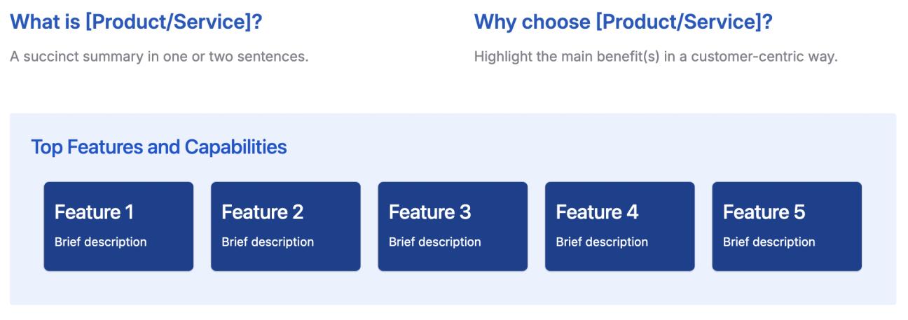 A section of the one-pager, showing three subheadings, including 'What is [Product/Service],' 'Why choose [Product/Service],' and 'Top Features and Capabilities' with five example features listed neatly in blue cards.