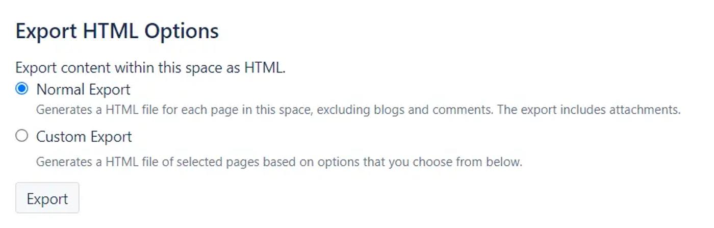 The Confluence Export screen with the Normal Export option selected