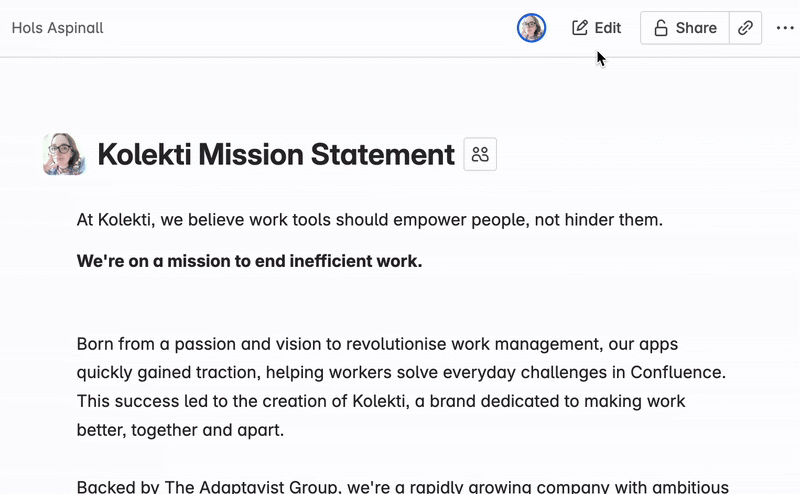 Animated GIF of a user clicking the Edit button in Confluence