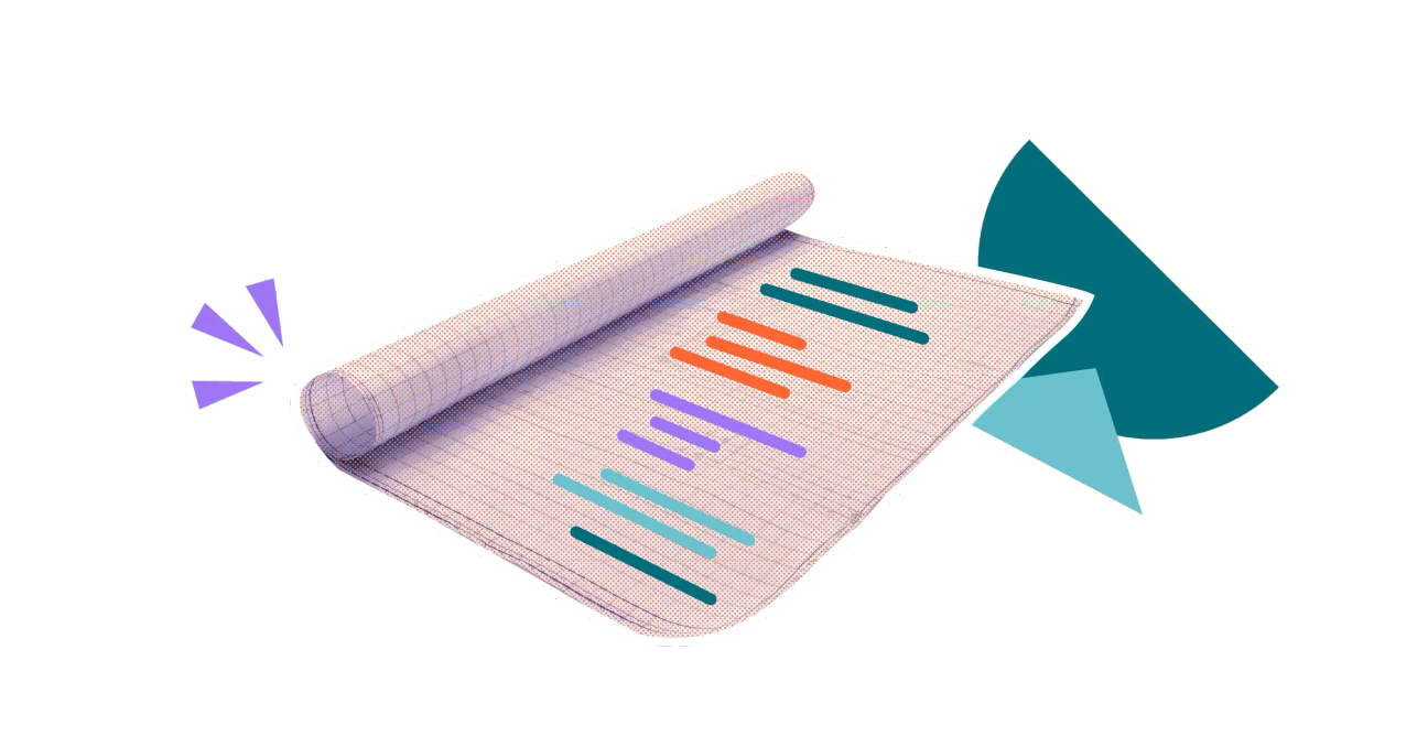 A stylised rendering of a notepad with colourful bars across the page in a product roadmap style