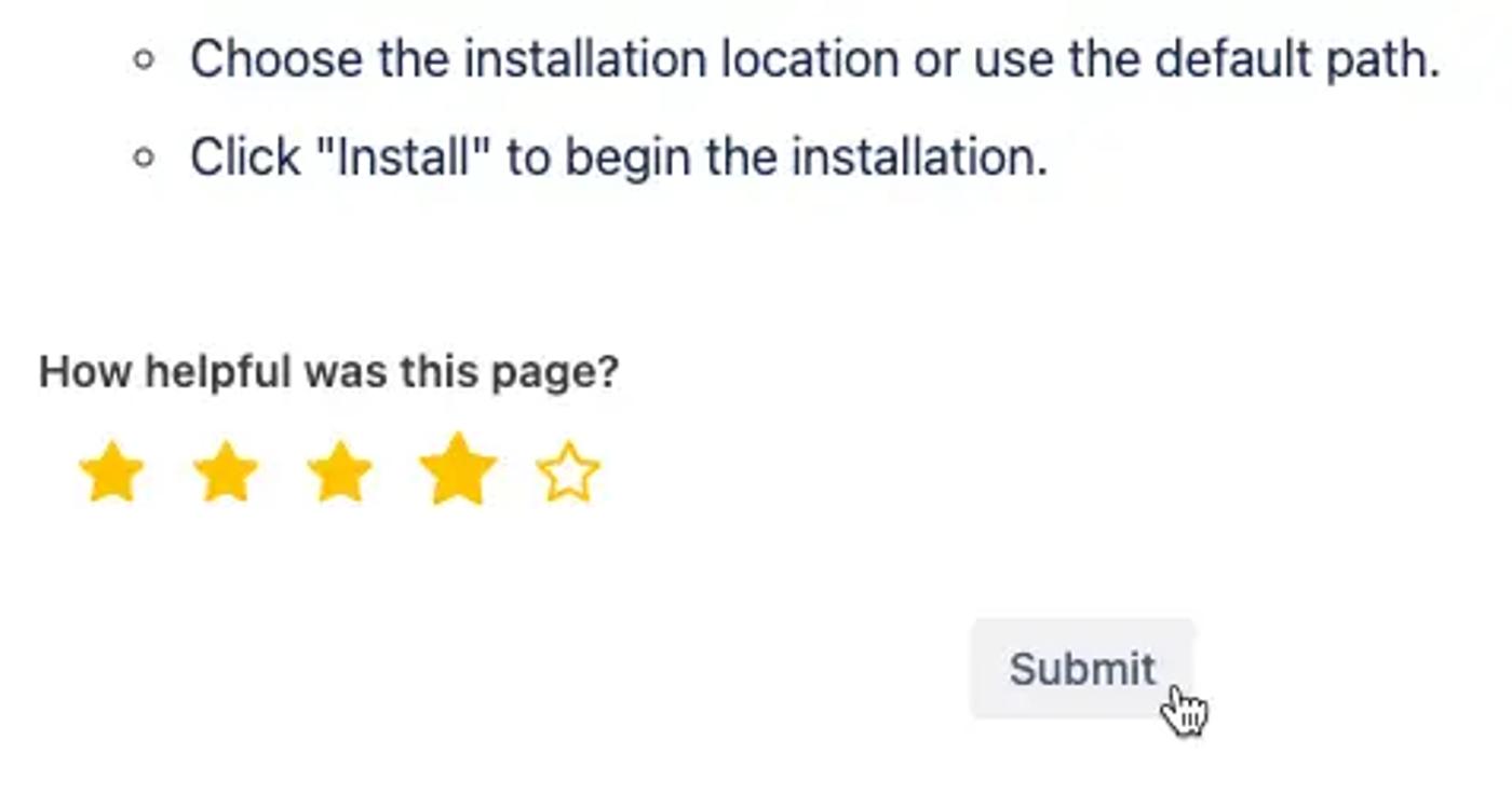 A user submitting a 4-star rating on a Confluence documentation page