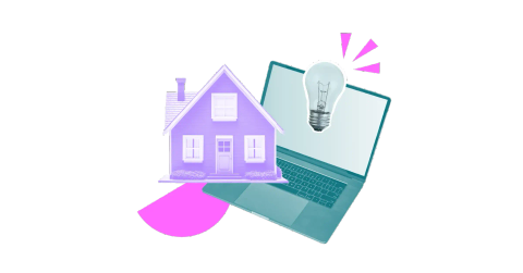 A colourful, collage-style graphic of a house, a laptop, and a lightbulb, representing remote work.