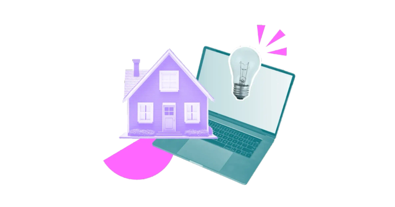 A colourful, collage-style graphic of a house, a laptop, and a lightbulb, representing remote work.