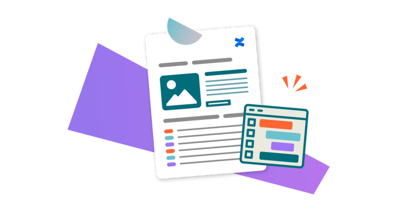 Stylised illustration of a webpage layout and a UI popup window, featuring icons, text blocks, and colour highlights.