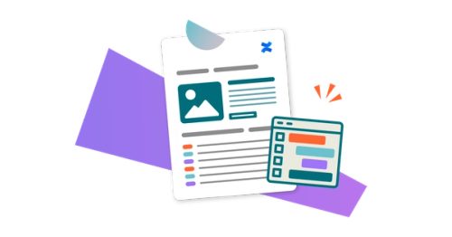 Stylised illustration of a webpage layout and a UI popup window, featuring icons, text blocks, and colour highlights.