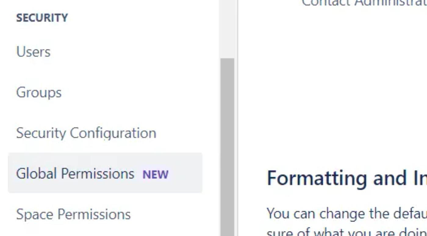 A screenshot of the Global Permissions link in the Confluence settings sidebar