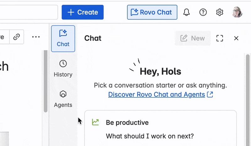 Animated GIF of a user clicking on the Agents tab to create a new Rovo Agent in Confluence
