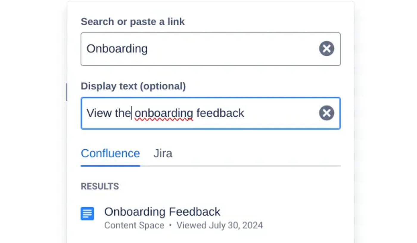 A Confluence pop-up showing a link to an onboarding feedback page