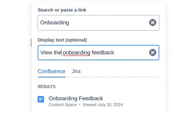 A Confluence pop-up showing a link to an onboarding feedback page