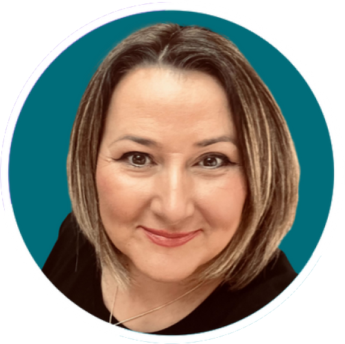 A head shot of Abi Brown in a teal circle