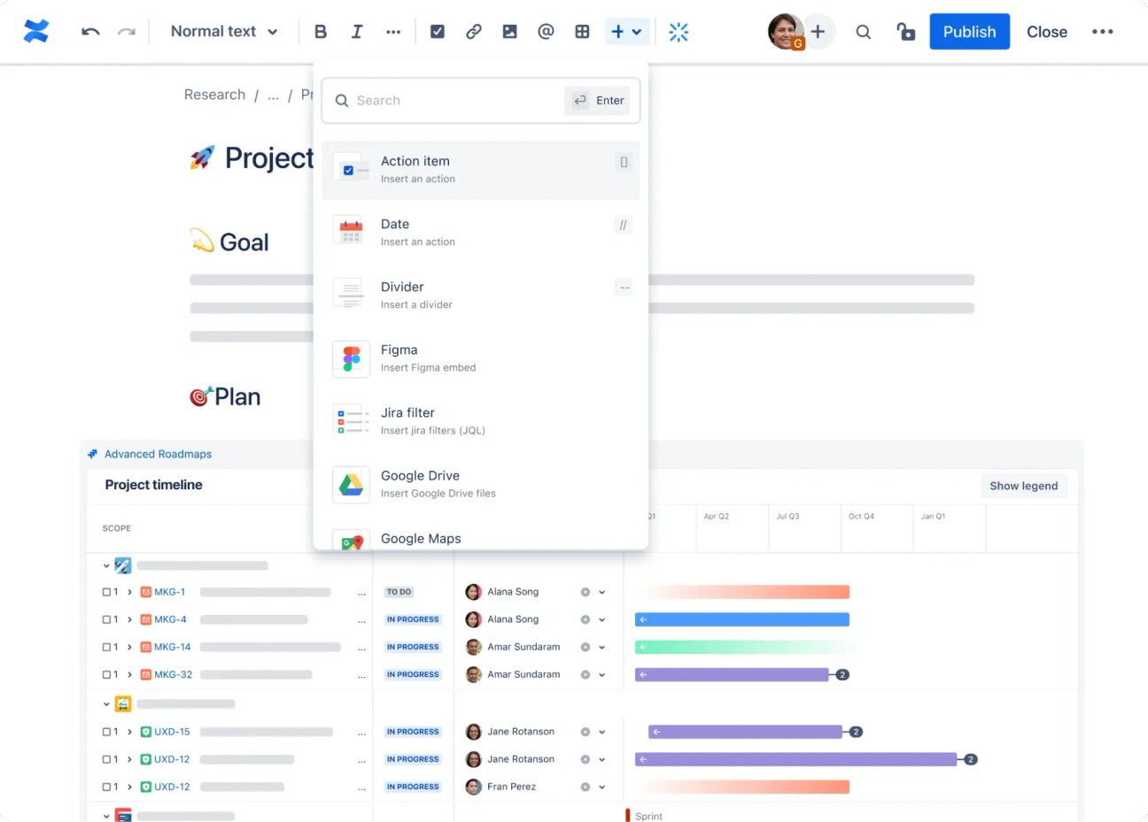 A Confluence page with a project timeline and a dropdown menu of integrations