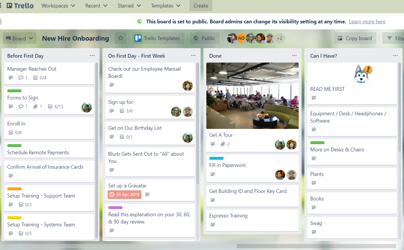 The New Hire Onboarding board template for Trello