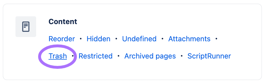 The Trash icon circled on the Confluence space settings page