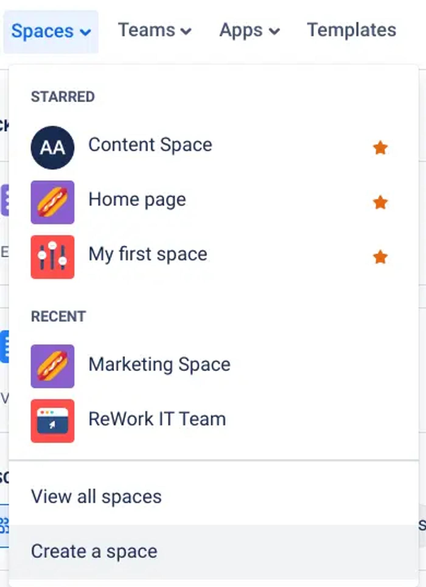 The 'Create a space' option highlighted in Confluence Cloud