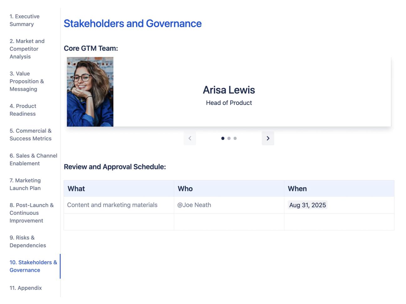 The 'Stakeholders and Governance' tab of the GTM plan, showing an interactive banner displaying a slide with the name, role, and image of one of the core GTM team members, plus a table titled 'Review and Approval Schedule'