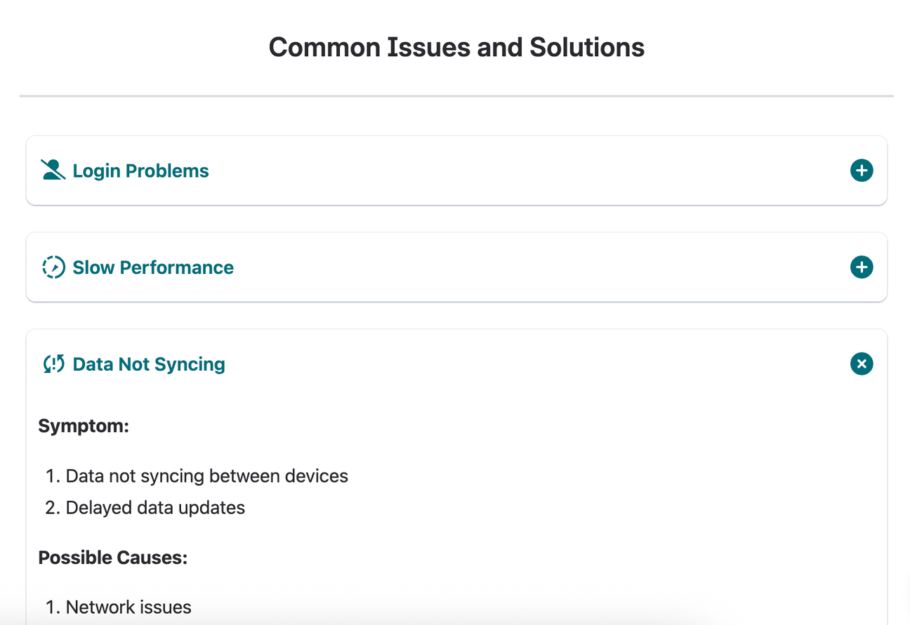 Three expanding sections in Confluence related to different troubleshooting issues. One section about data not syncing is expanded to reveal the troubleshooting steps