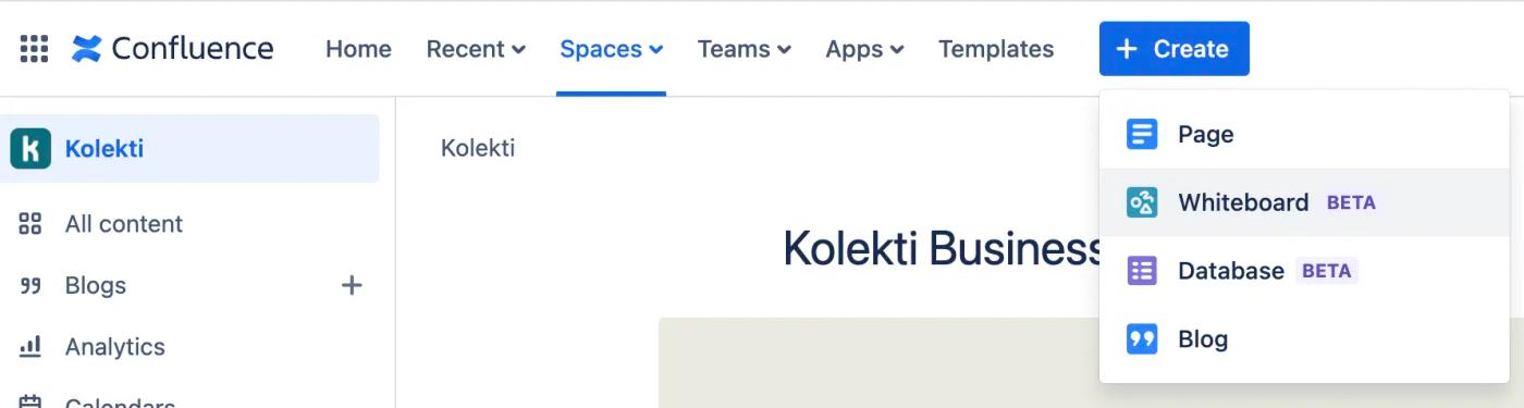 A screenshot of the dropdown Create menu in Confluence, showing the option to make a whiteboard