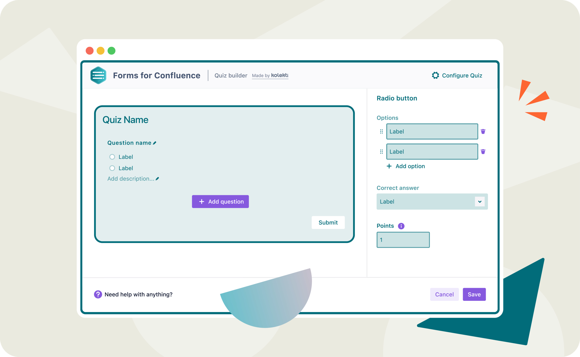 The Forms for Confluence quiz editor screen with fields for a quiz name, question options, correct answer selection, and point assignment.