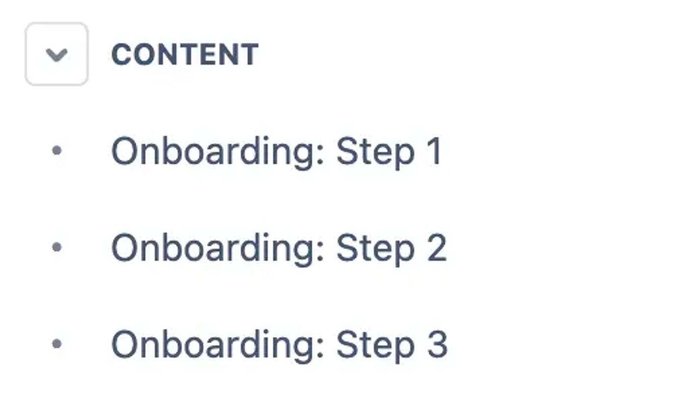 Three Confluence pages in a space sidebar that represent steps in an onboarding process